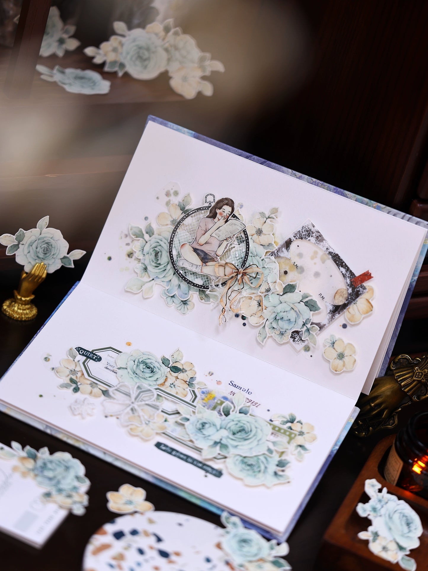 XiaoBaiJia【Clear Sky/Morning Mist】Light Retro Mint Green Flower Orginal Design Washi Pet Floral Tape Landscaping Stickers
