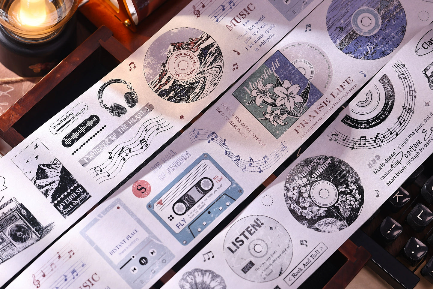 XiaoBaiJia【Echo】Light Retro Orginal Design Bordered Records Washi Pet Tape Landscape Stickers