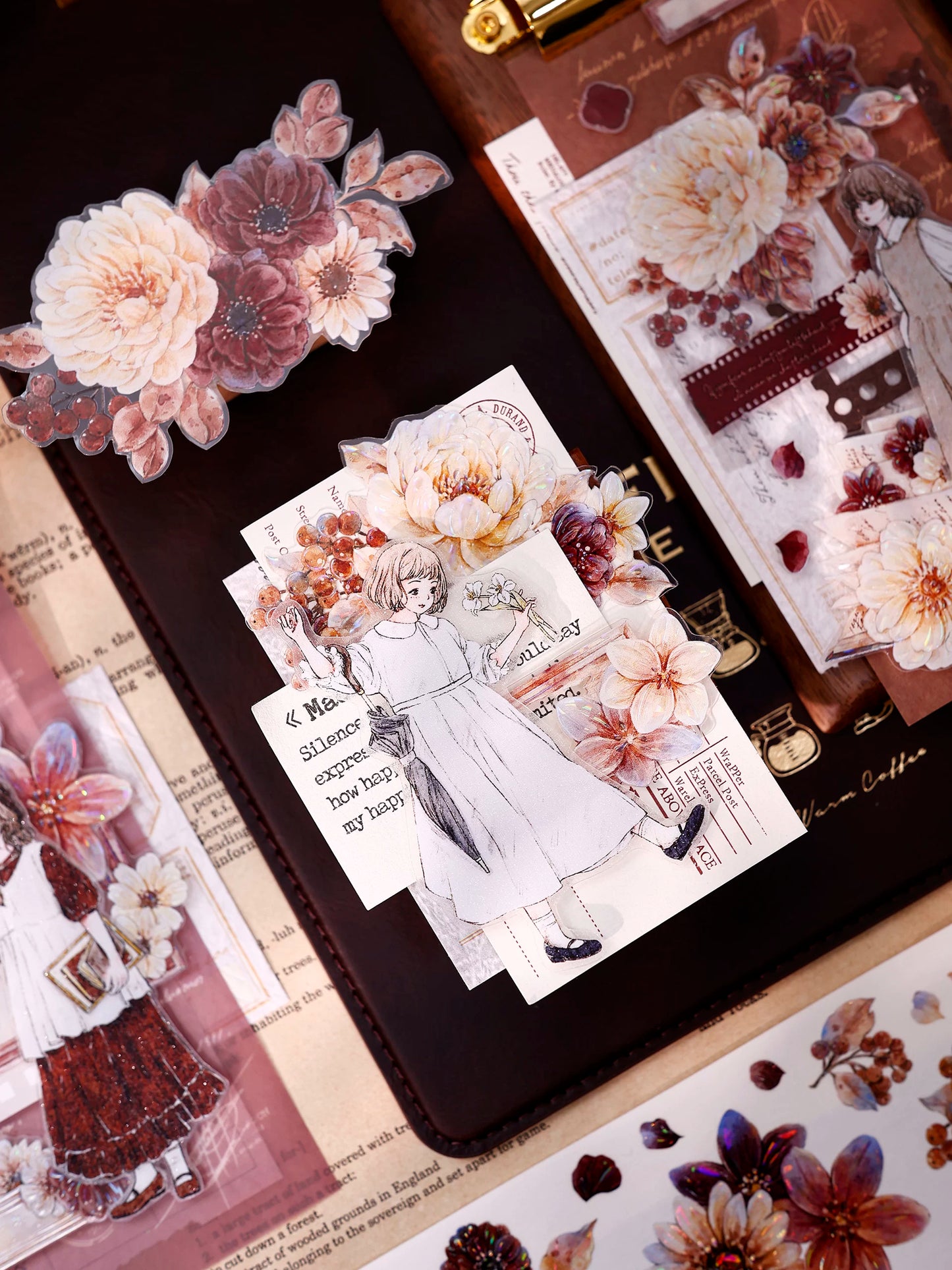 XiaoBaiJia【Peony Shadow Flower Description】Pre-cut Floral Orginal Design Washi Pet Tape Light Retro Stickers