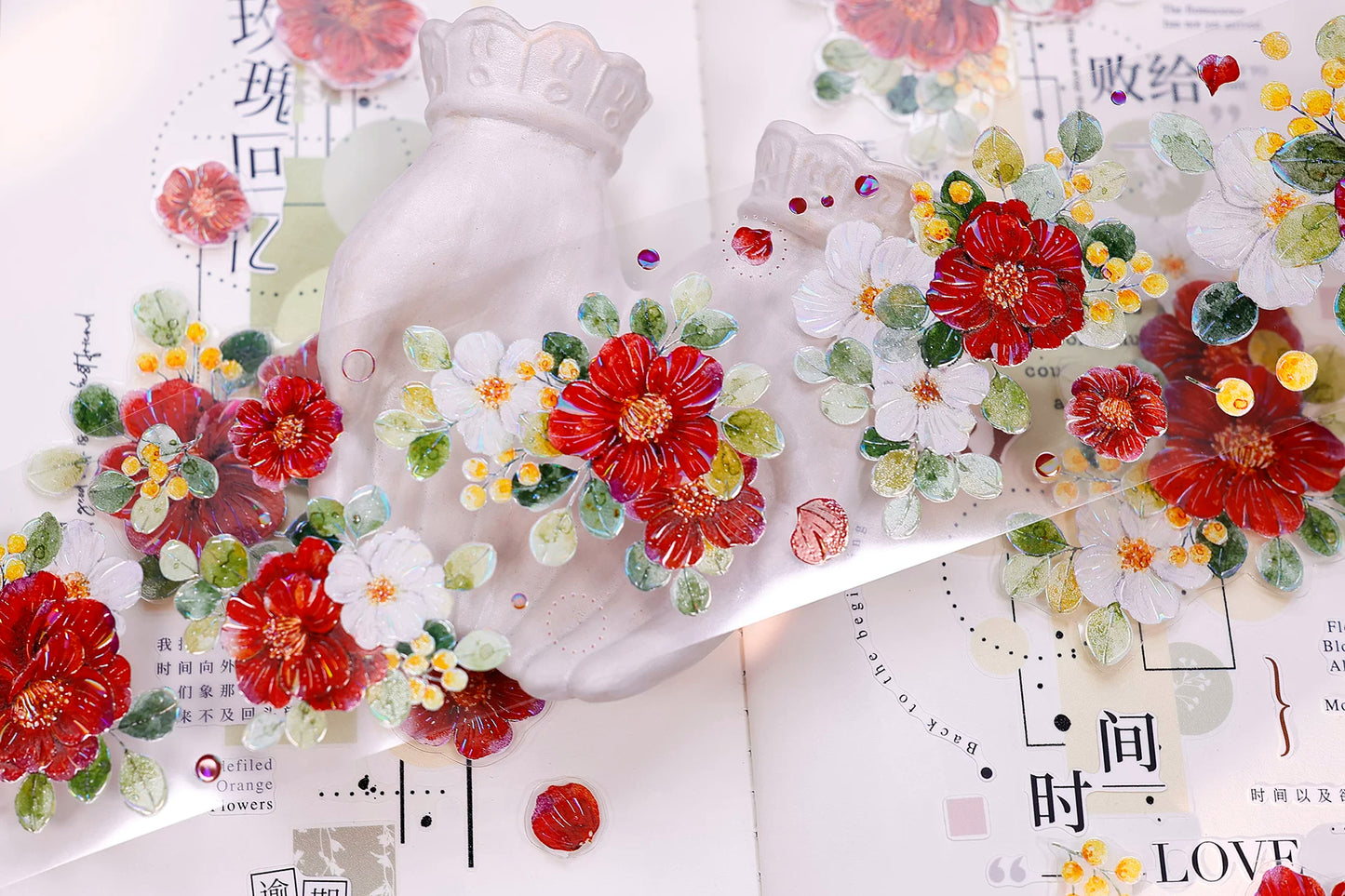 XiaoBaiJia Salt Series【Red Tea for Spring】Pre-cut Orginal Design Red and White Camellia Flowers Washi/Pet Tape Light Retro Stickers