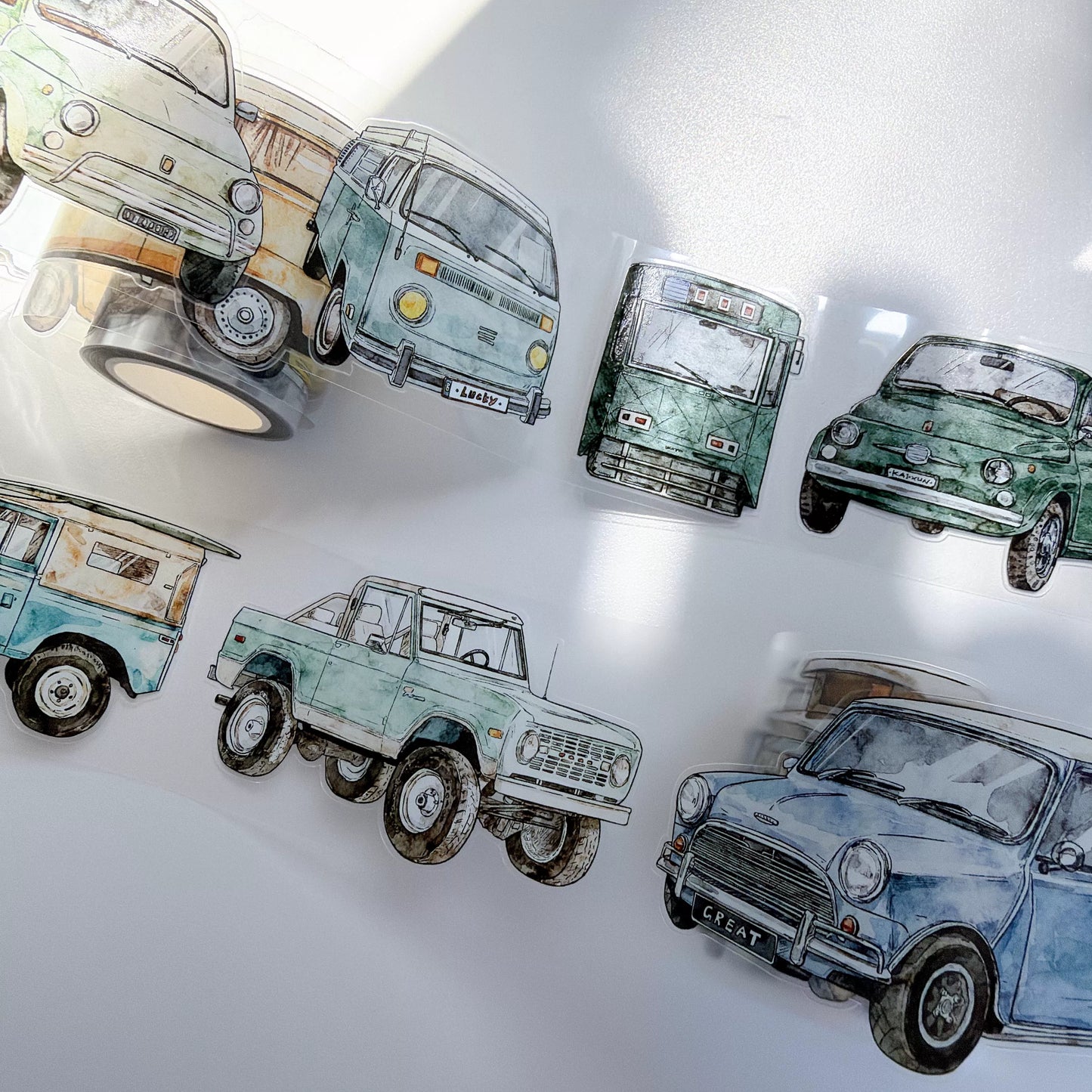 Kaixiaoxun Vol13【Car】 Pre-Cut Long Loop Washi/Matte PET Tape for Scrapbook Supplies,Junk Journal Supplies