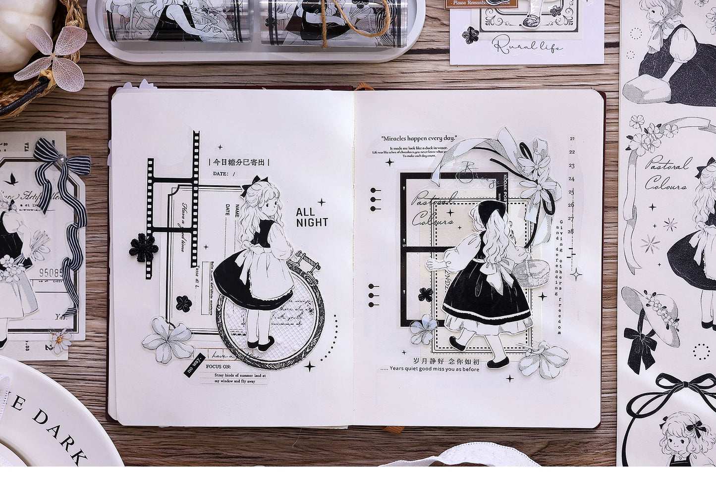 XiaoBaiJia【Small Countryside】Light Retro Black and White Characters Orginal Design Washi Pet Tape Stickers