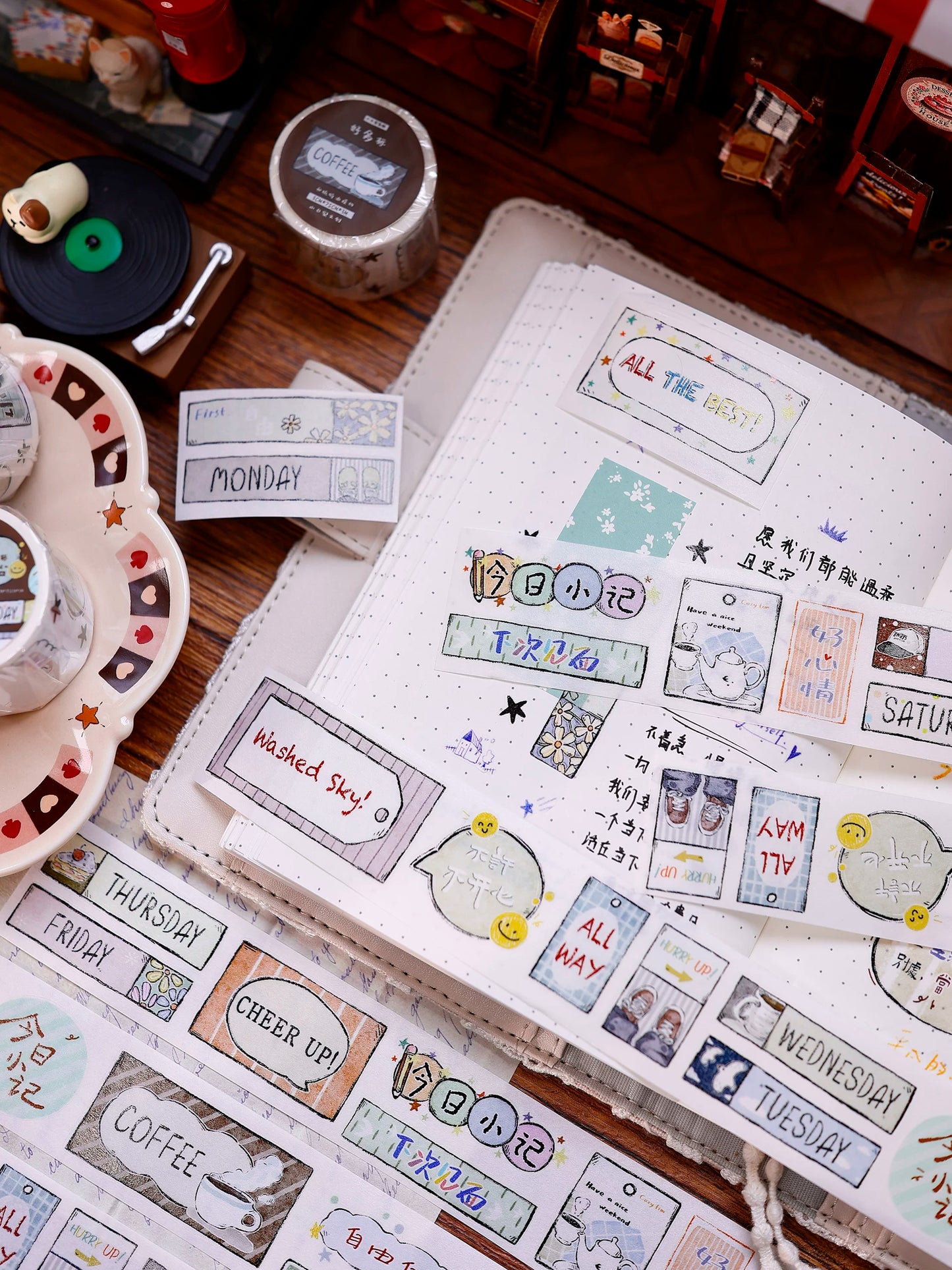 XiaoBaiJia Salt Series【Many Signs】Pre-cut Orginal Design Handwritten Chinese and English Word Borders Washi/Pet Tape Light Retro Stickers