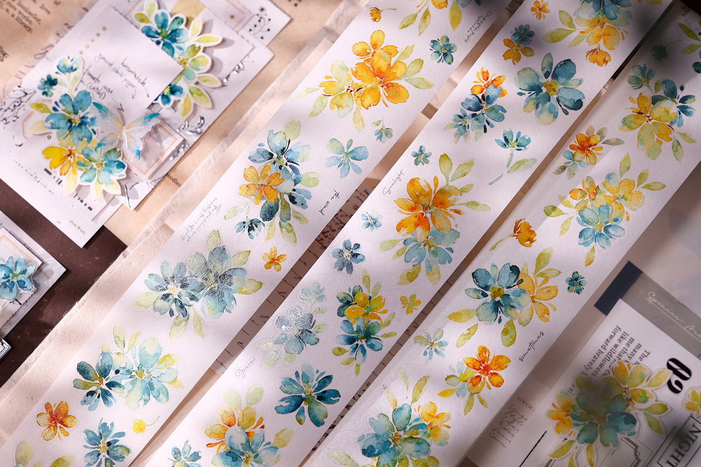 XiaoBaiJia【Picking Up Blue】Pre-cut Floral Orginal Design Washi Pet Tape Light Retro Stickers