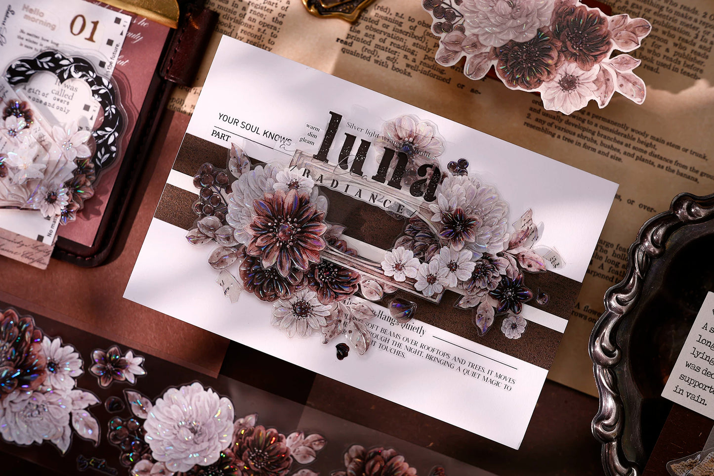XiaoBaiJia【Brown Shadow Old Paper】Pre-cut Floral Orginal Design Washi Pet Tape Light Retro Stickers