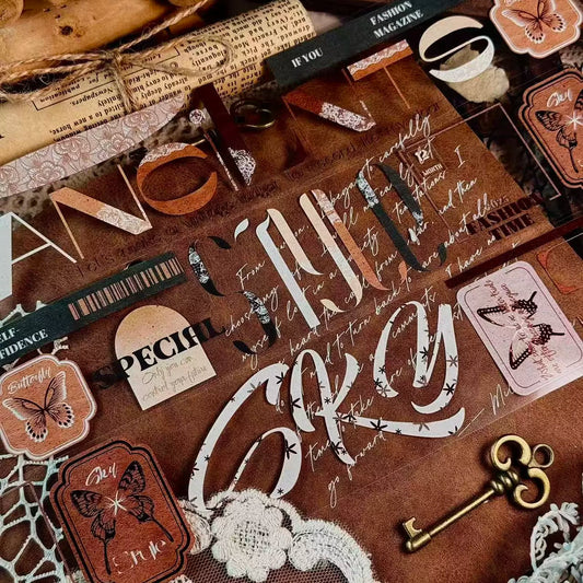 Linlanxi 【Residual Charm and Flowing Light】Original Pre-cut Washi/Pet Tape,New Fashion Retro Wider English Text