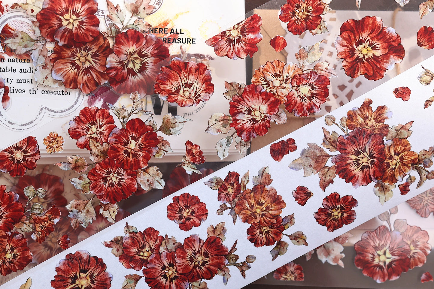 XiaoBaiJia【Hollyhock】Light Retro Red Orange Large and Small Flowers Orginal Design Washi Pet Tape Landscaping Stickers