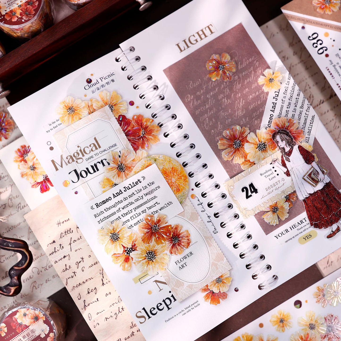 XiaoBaiJia【Autumn Brown Fragrant Flowers】Orginal Design Washi Pet Floral Tape Light Retro Landscaping Stickers