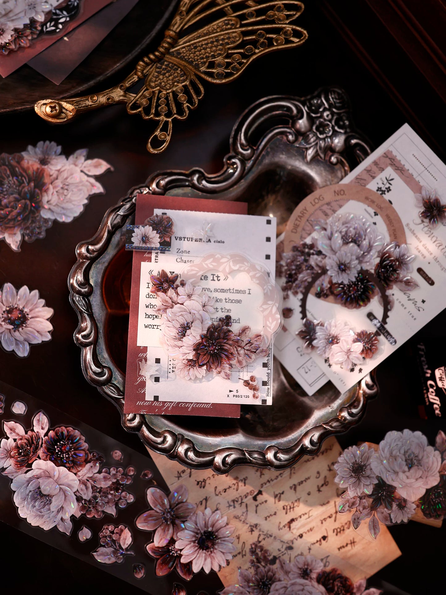 XiaoBaiJia【Brown Shadow Old Paper】Pre-cut Floral Orginal Design Washi Pet Tape Light Retro Stickers