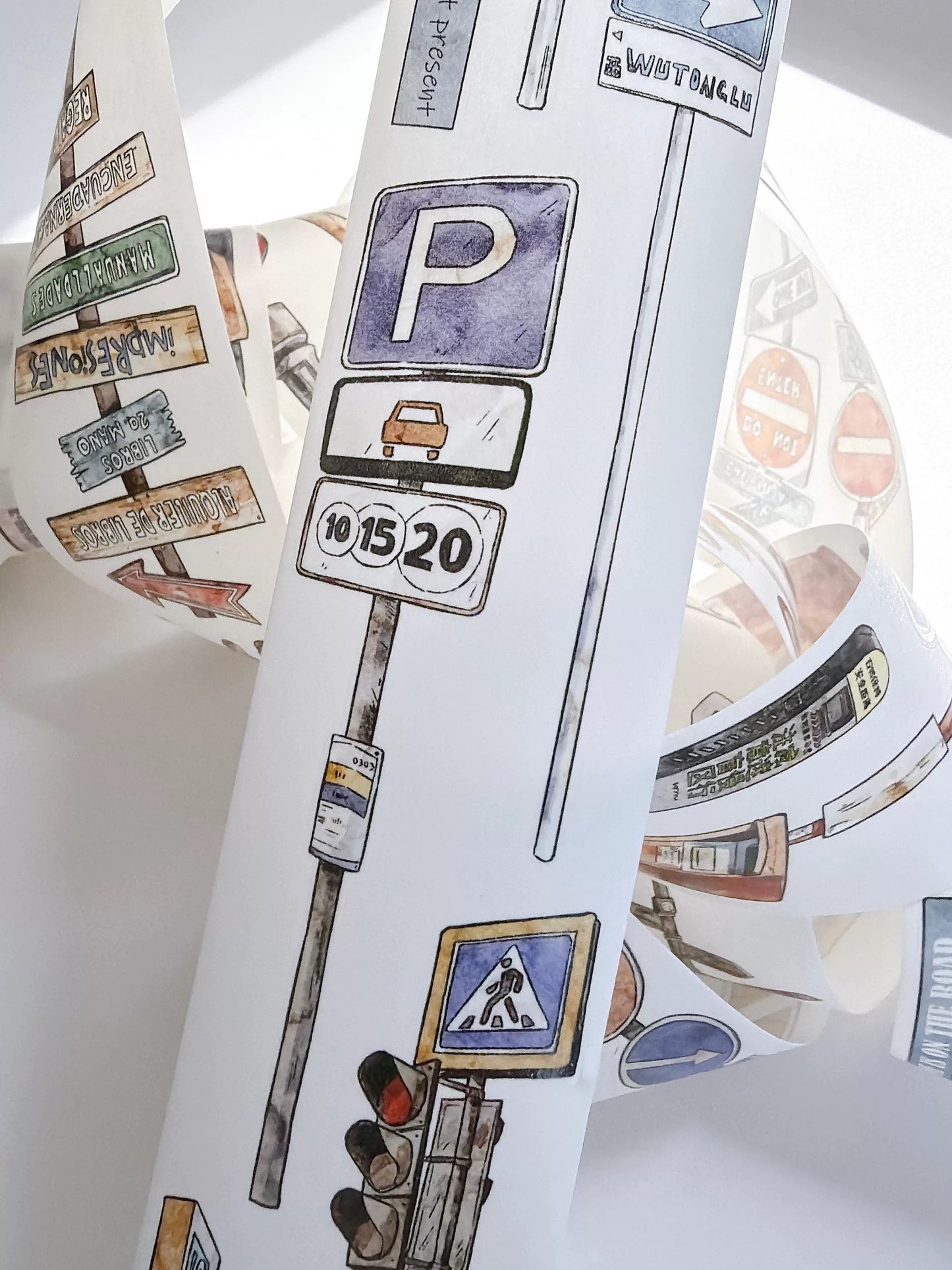 Kaixiaoxun Vol13【Road Sign】 Pre-Cut Long Loop Washi/Matte PET Tape for Scrapbook Supplies,Junk Journal Supplies