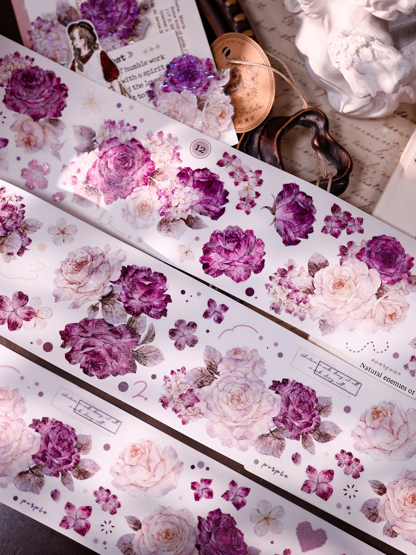 XiaoBaiJia【Zimo Fangxu】Pre-cut Rose Flowers Orginal Design Washi Pet Tape Light Retro Stickers
