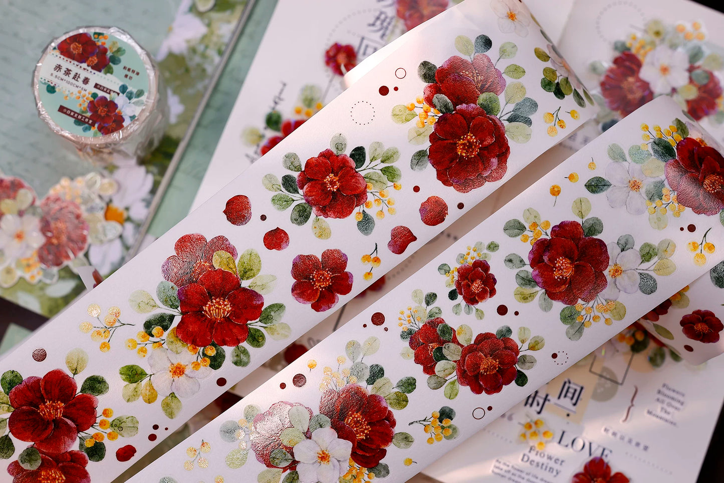 XiaoBaiJia Salt Series【Red Tea for Spring】Pre-cut Orginal Design Red and White Camellia Flowers Washi/Pet Tape Light Retro Stickers