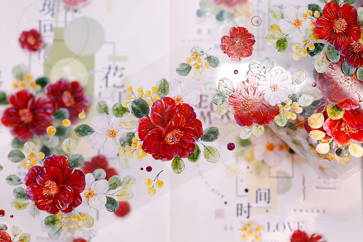 XiaoBaiJia Salt Series【Red Tea for Spring】Pre-cut Orginal Design Red and White Camellia Flowers Washi/Pet Tape Light Retro Stickers