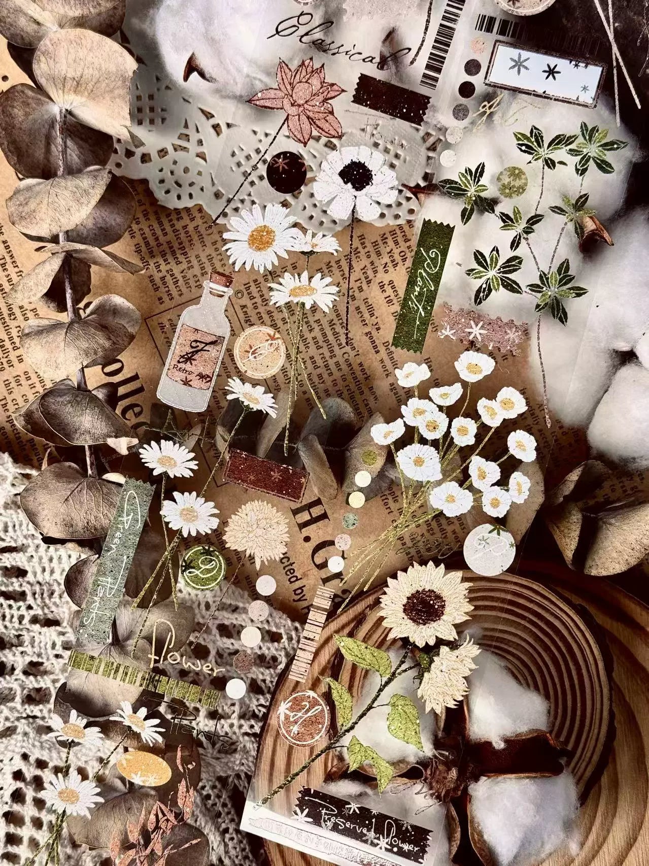 Linlanxi【Hand drawn Flower Collection】 Original New Product Light Retro Bouquet Washi/Pet Tape Long Loop Whole Roll