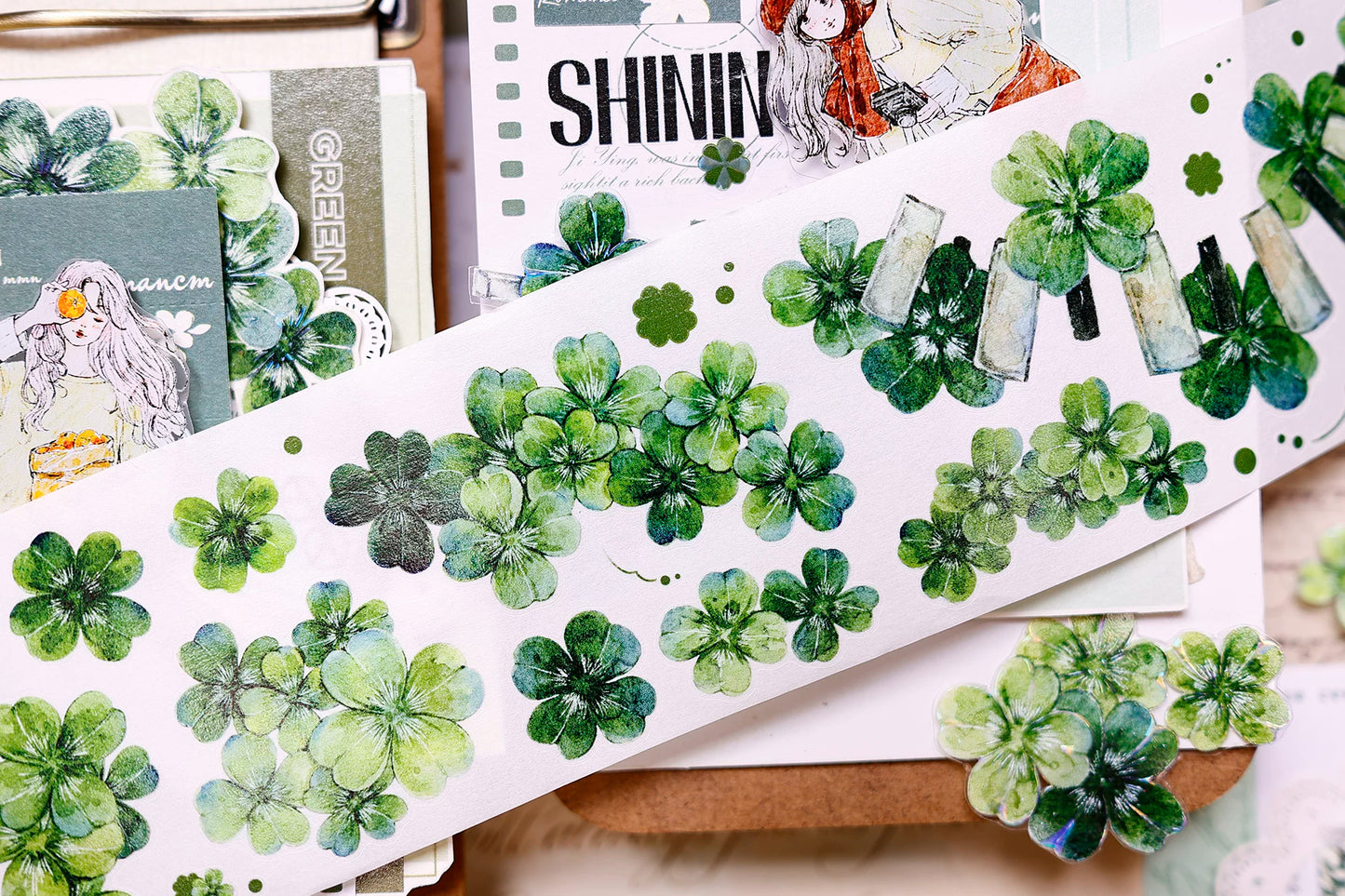 XiaoBaiJia【four-leaf clover】Orginal Design Kiss-cut Washi/Pet Floral Tape Light Retro Landscaping Stickers