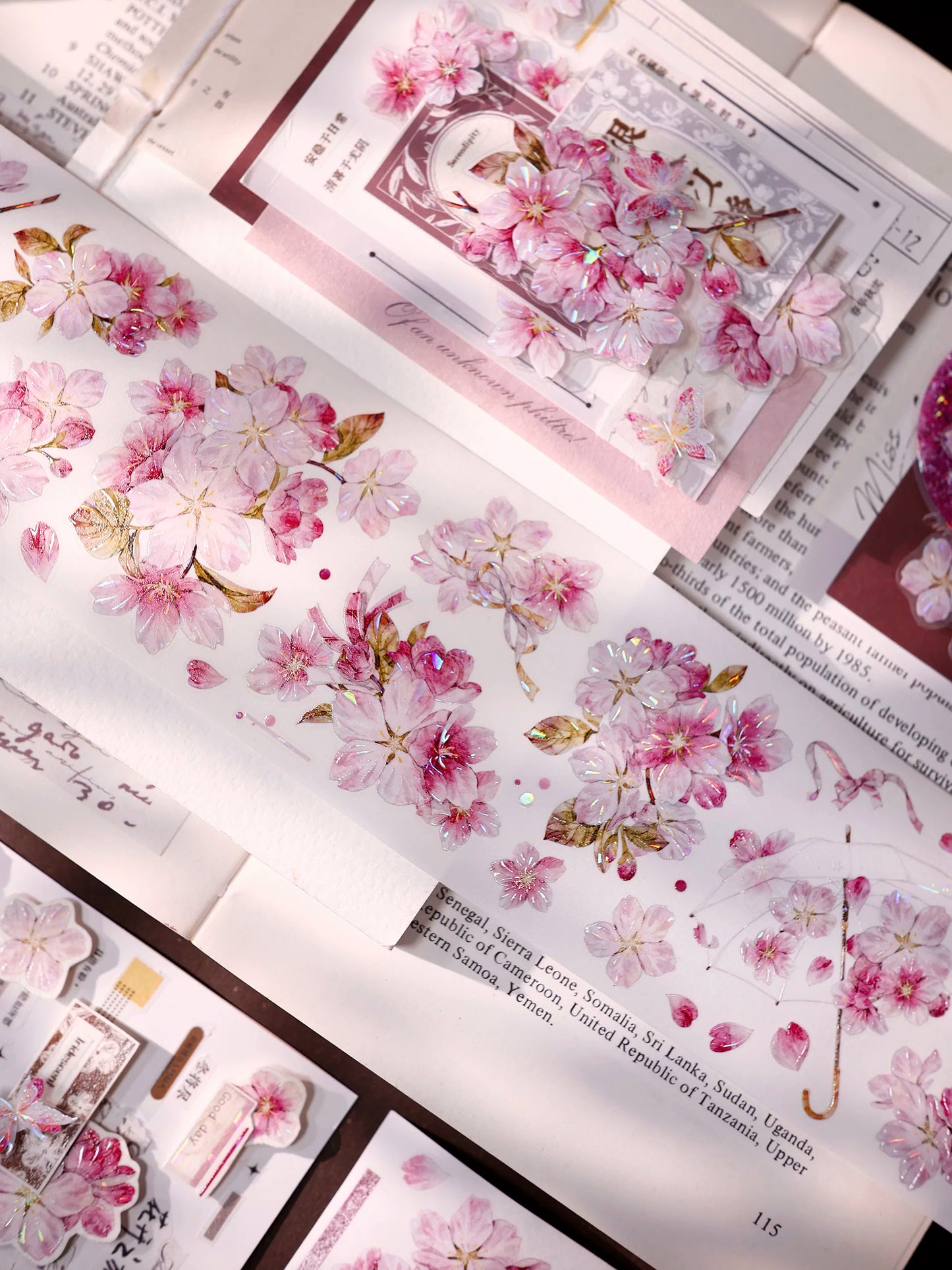 XiaoBaiJia【Pink Cherry Blossoms】Orginal Design Floral Washi Pet Tape Light Retro Landscaping Stickers