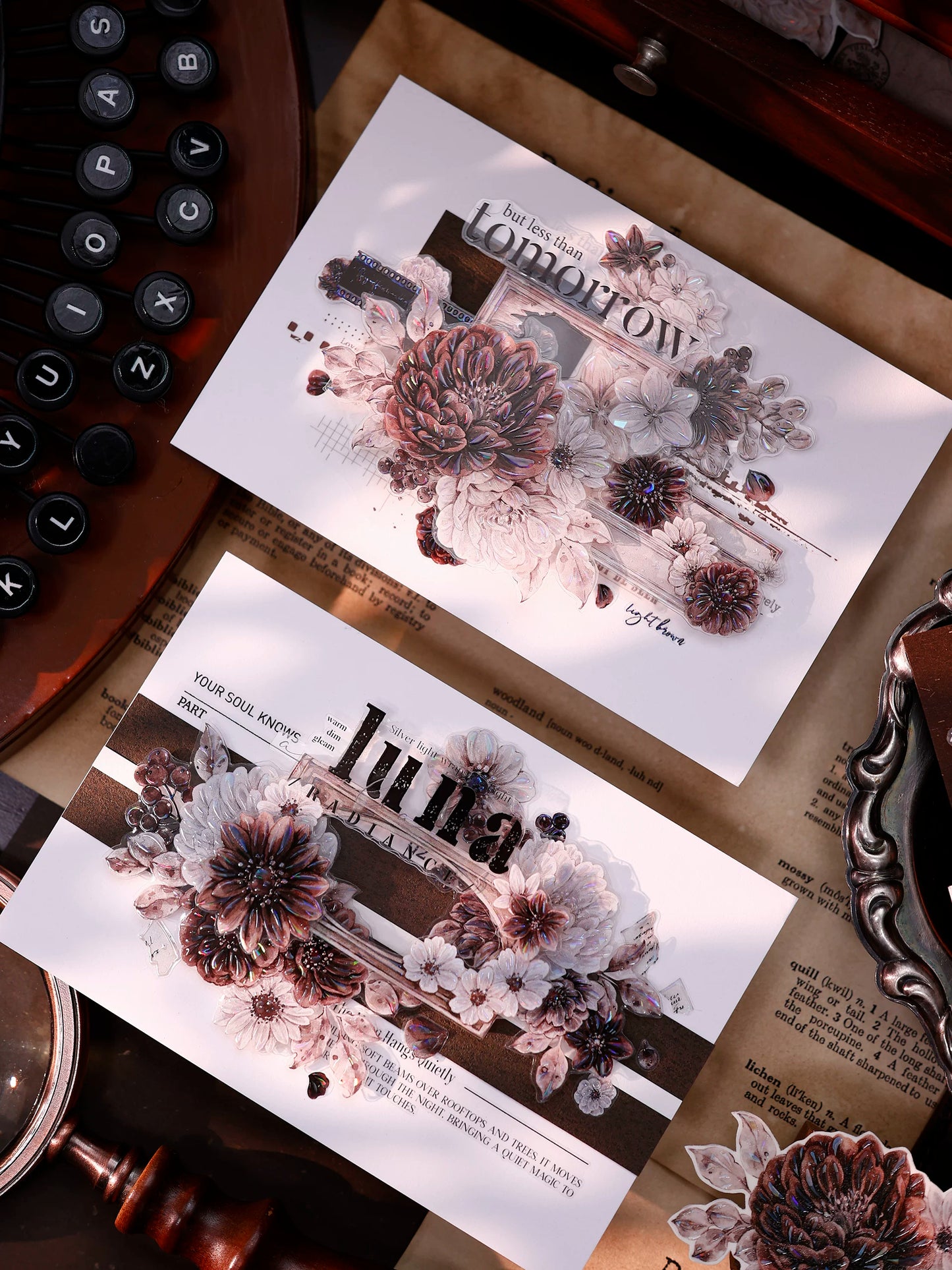XiaoBaiJia【Brown Shadow Old Paper】Pre-cut Floral Orginal Design Washi Pet Tape Light Retro Stickers
