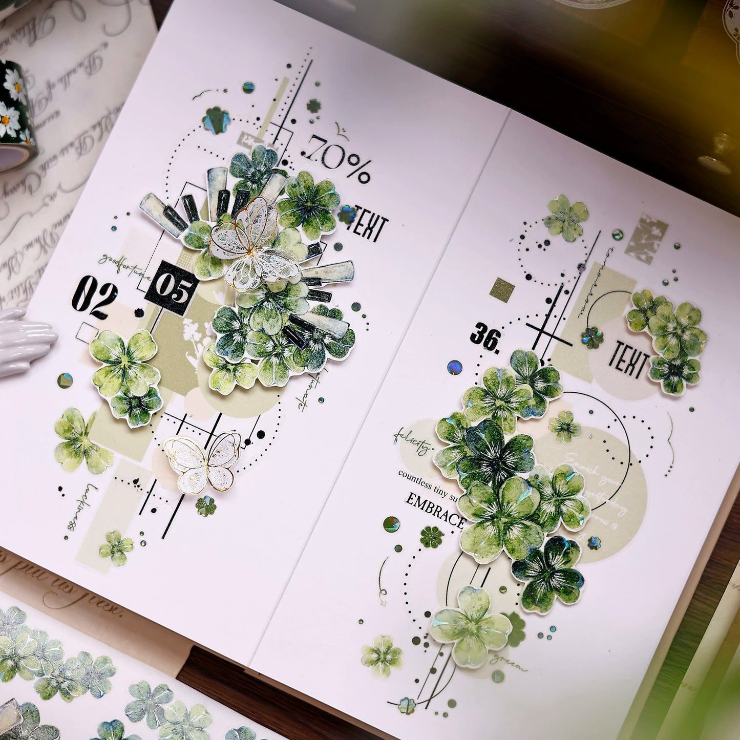 XiaoBaiJia【four-leaf clover】Orginal Design Kiss-cut Washi/Pet Floral Tape Light Retro Landscaping Stickers