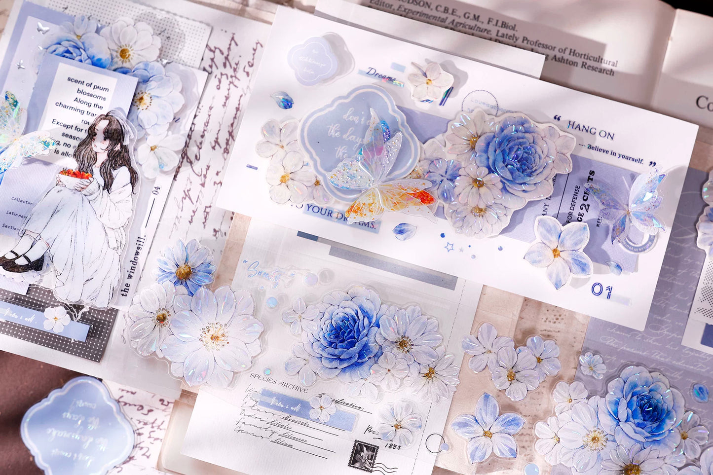 XiaoBaiJia【Light Blue Floral Trace】Orginal Design Floral Washi Pet Tape Light Retro Landscaping Stickers