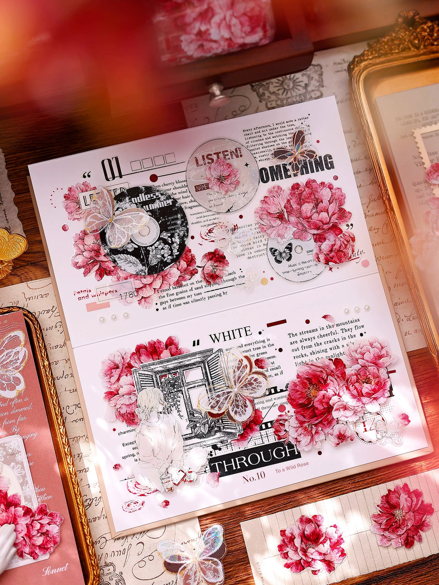 XiaoBaiJia Salt Series【Peony】Orginal Design Kiss-cut Washi/Pet Floral Tape Light Retro Landscaping Stickers