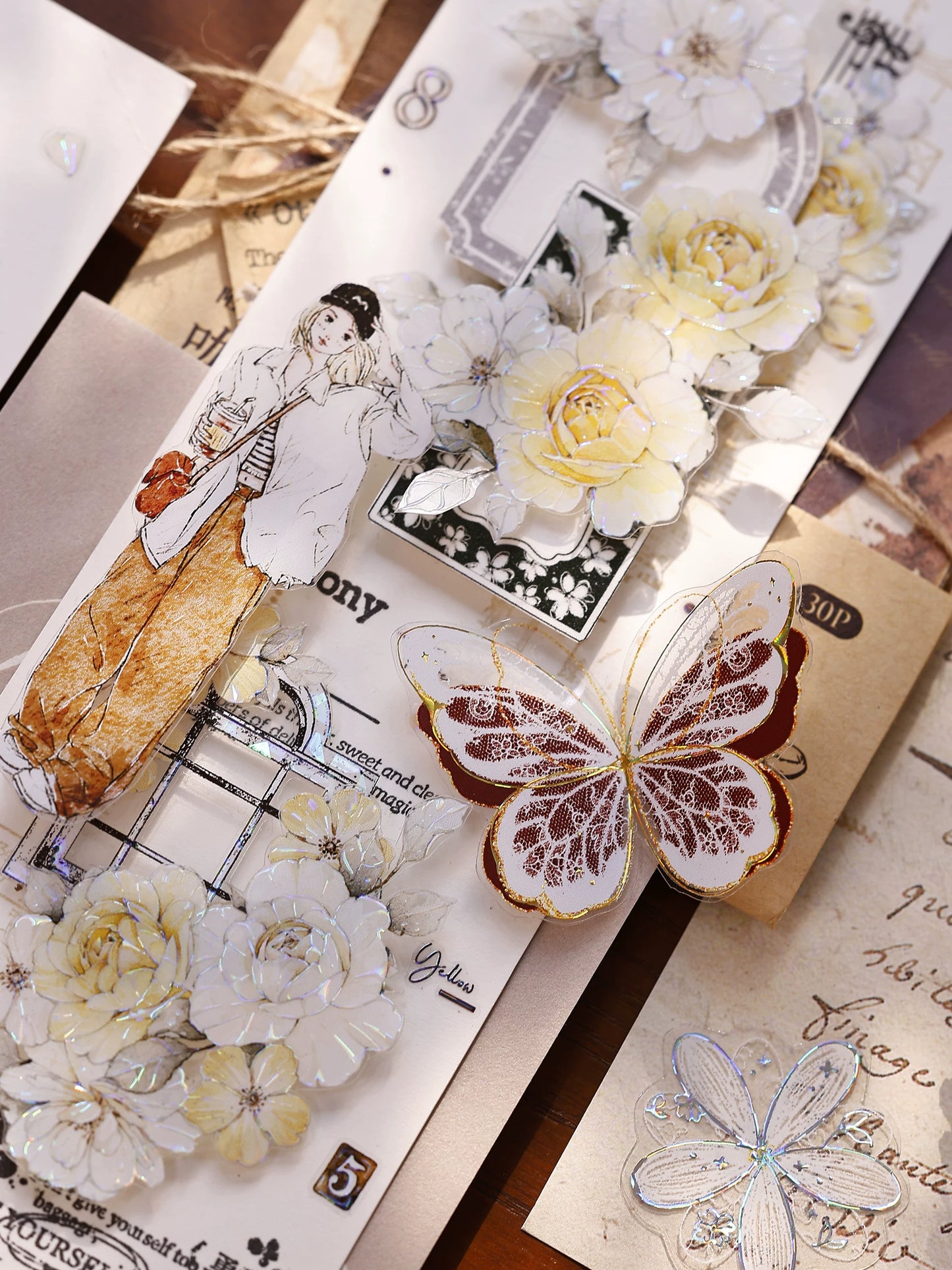 XiaoBaiJia Salt Series【Butterfly Feathers Chasing Light】Orginal Design Kiss-cut Washi/Pet Floral Tape Light Retro Landscaping Stickers