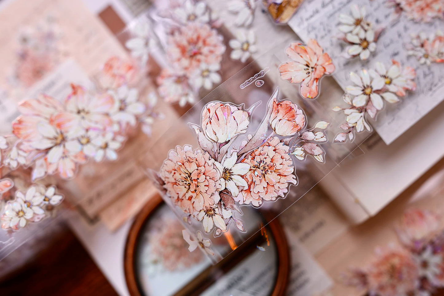 XiaoBaiJia Salt Series【Orange Shadow】Pre-cut Orginal Design Vintage Peony Flowers Washi/Pet Tape Light Retro Stickers