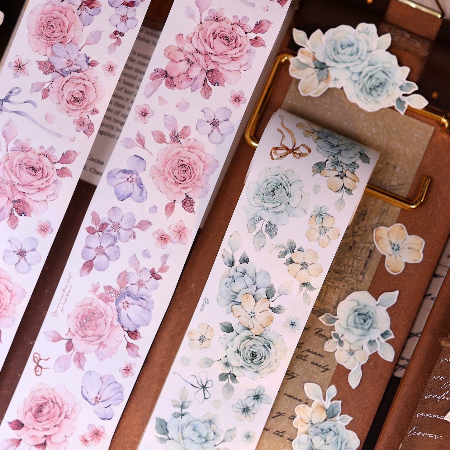 XiaoBaiJia【Clear Sky/Morning Mist】Light Retro Mint Green Flower Orginal Design Washi Pet Floral Tape Landscaping Stickers
