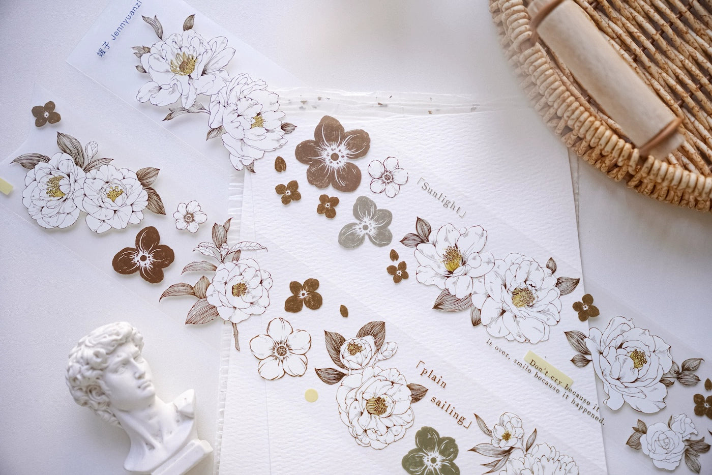 YuanZi Vol7【Misty White Camellia】Orginal Design Washi/Pet Tape Light Retro Flowers Stickers,for Scrapbook Supplies,Scrapbook Tape Stickers,Junk Journal Supplies