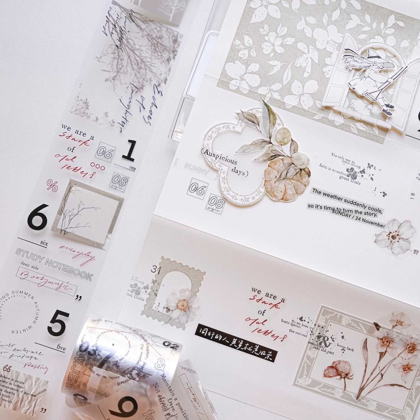 YuanZi Vol7【Sepia Letters】Orginal Design Washi/Pet English Text Tape Light Retro Stickers,for Scrapbook Supplies,Scrapbook Tape Stickers,Junk Journal Supplies