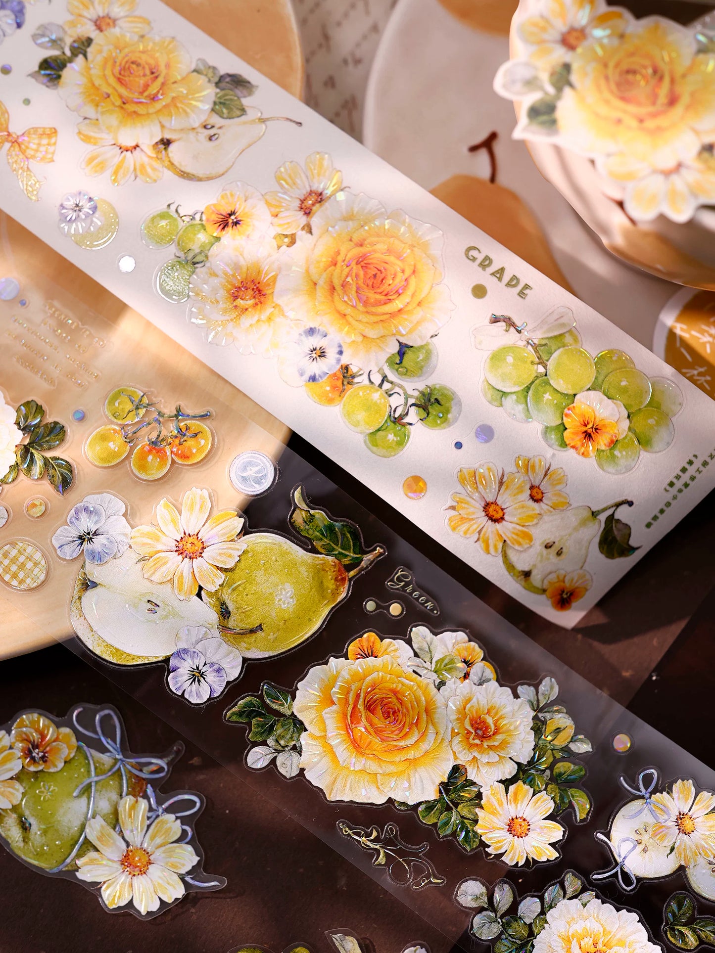 XiaoBaiJia【Green Grape Vine】Pre-cut Floral Orginal Design Washi Pet Tape Light Retro Stickers