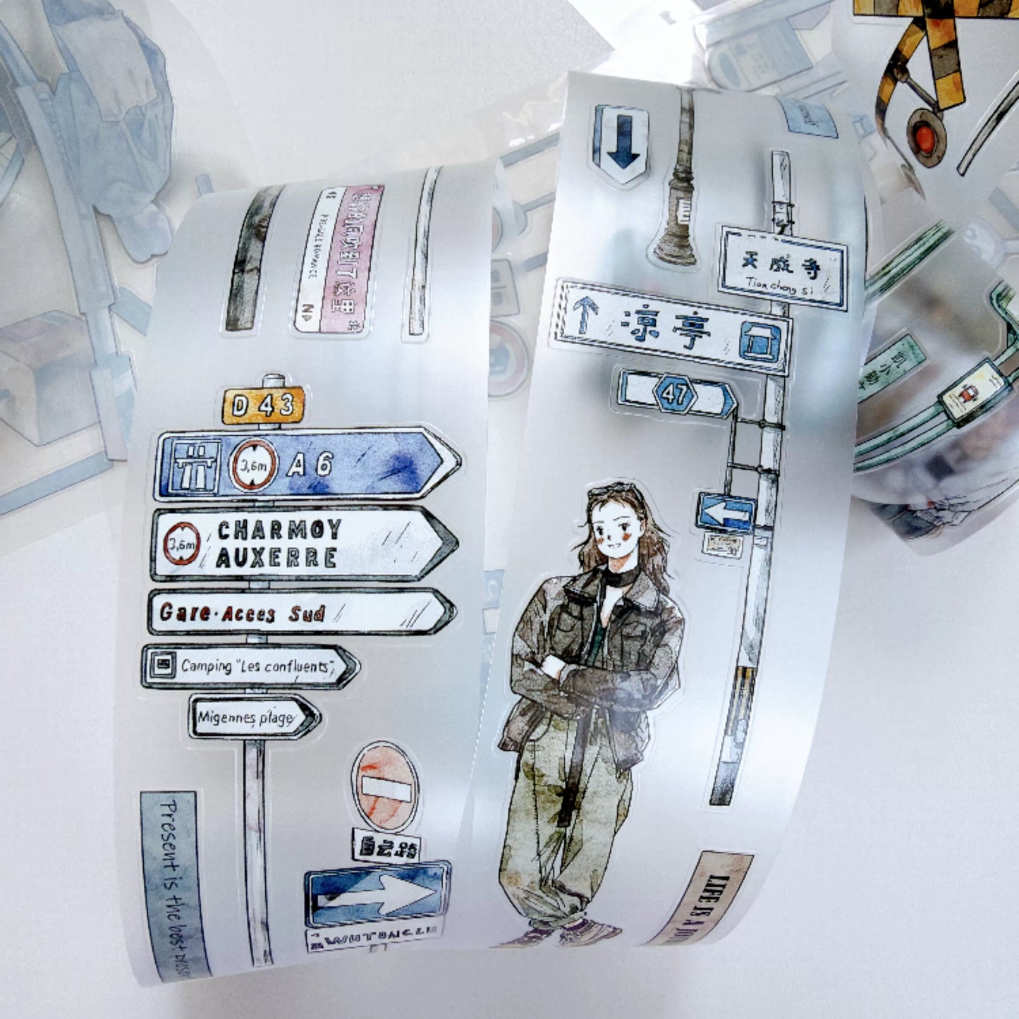 Kaixiaoxun Vol13【Road Sign】 Pre-Cut Long Loop Washi/Matte PET Tape for Scrapbook Supplies,Junk Journal Supplies
