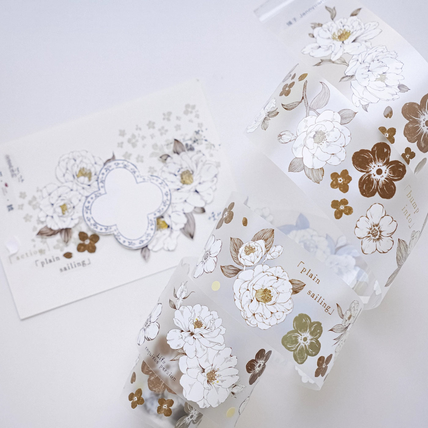 YuanZi Vol7【Misty White Camellia】Orginal Design Washi/Pet Tape Light Retro Flowers Stickers,for Scrapbook Supplies,Scrapbook Tape Stickers,Junk Journal Supplies