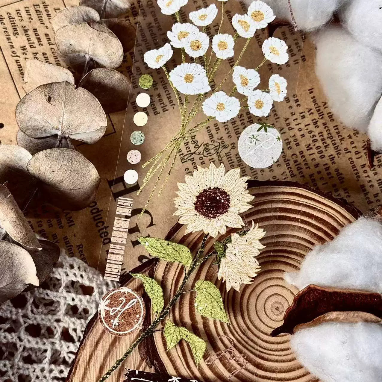 Linlanxi【Hand drawn Flower Collection】 Original New Product Light Retro Bouquet Washi/Pet Tape Long Loop Whole Roll