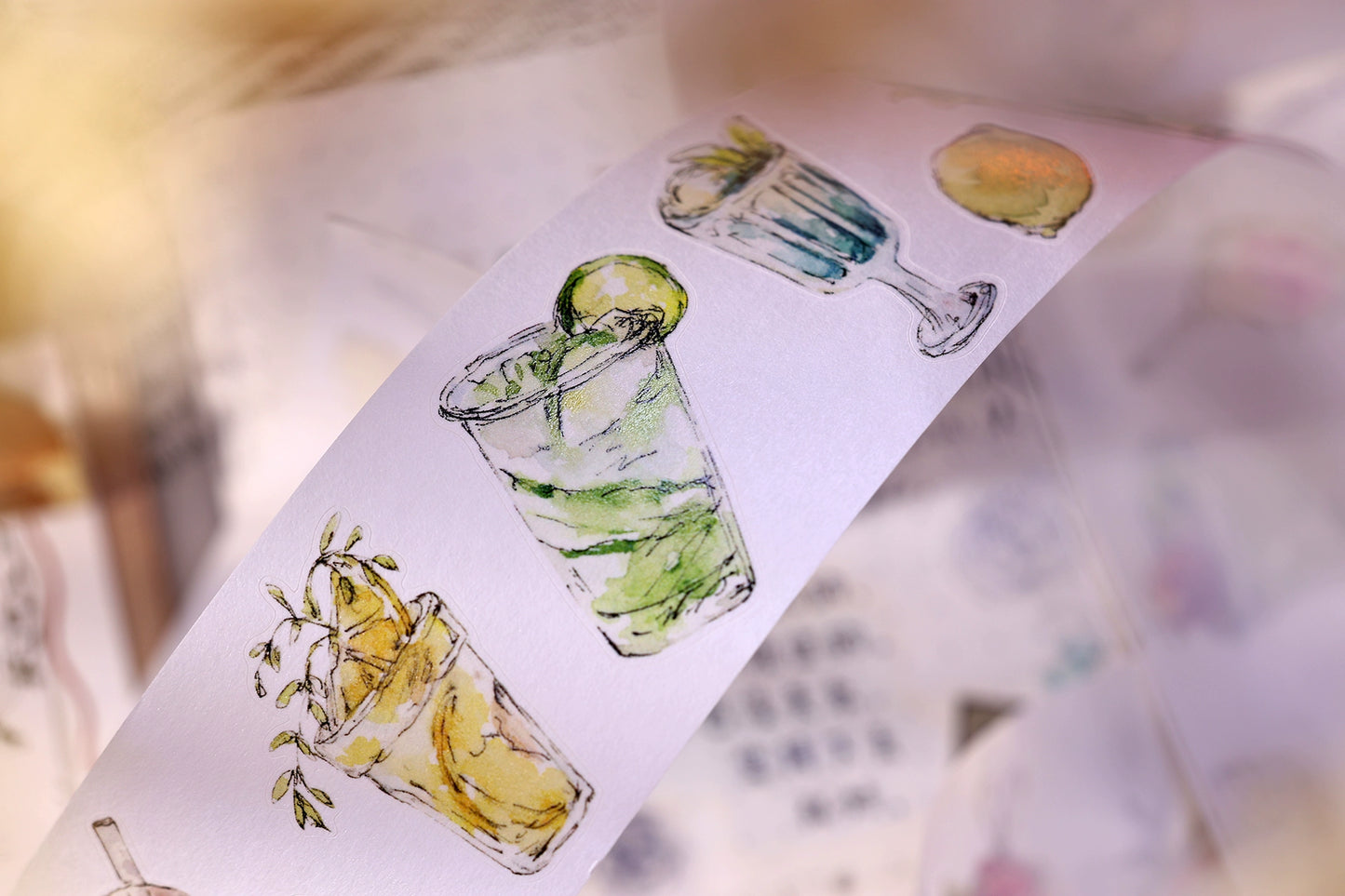 XiaoBaiJia Minimalist Style【Cool Summer】Drink Milk Tea,Pre-cut Light Retro Orginal Design Washi Pet Tape Landscape Stickers