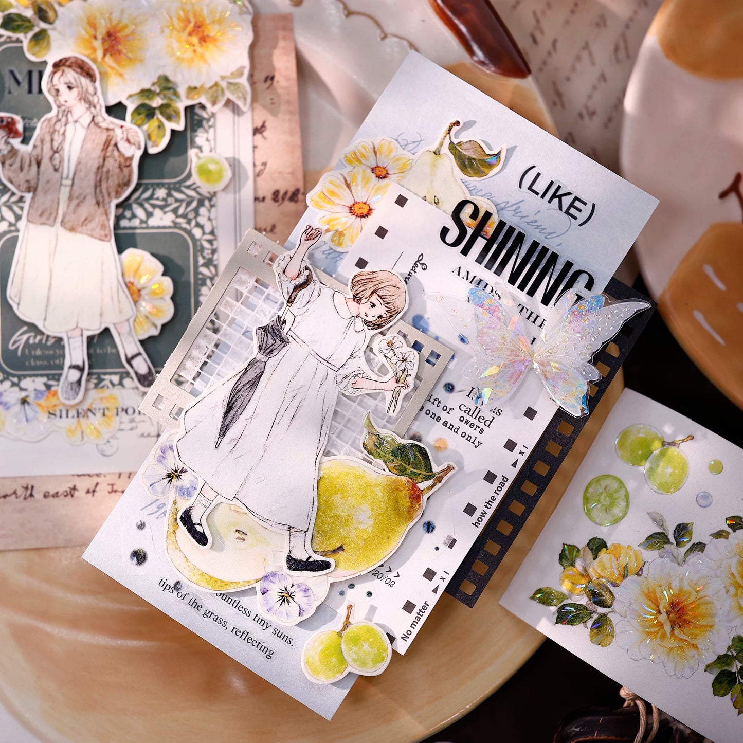 XiaoBaiJia【Green Grape Vine】Pre-cut Floral Orginal Design Washi Pet Tape Light Retro Stickers