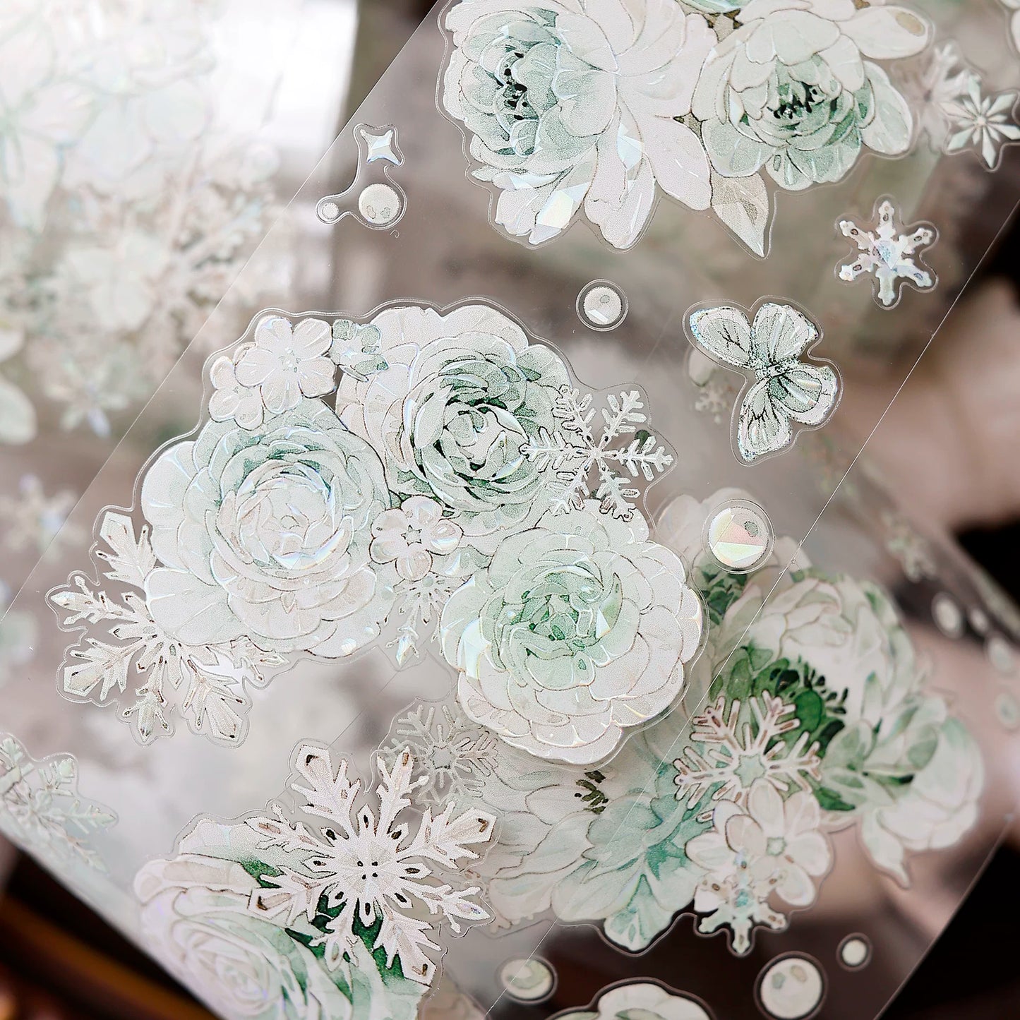 XiaoBaiJia Salt Series【Peppermint Ice】Pre-cut Orginal Design Light Retro Blue and Green Floral Pattern Washi/Pet Tape Light Retro Stickers