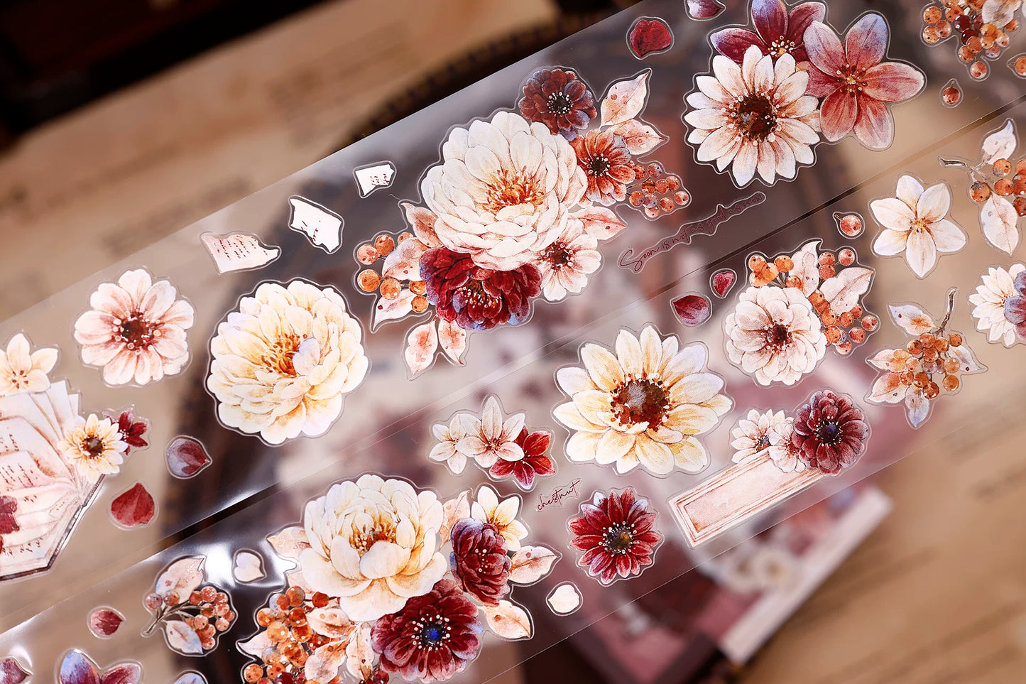 XiaoBaiJia【Peony Shadow Flower Description】Pre-cut Floral Orginal Design Washi Pet Tape Light Retro Stickers