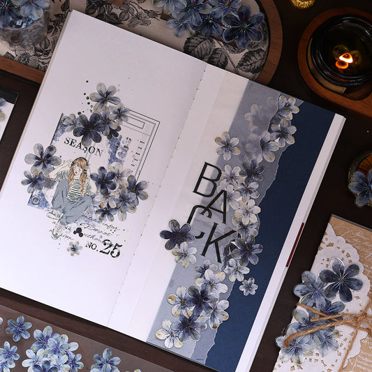 XiaoBaiJia【Deep Blue】Light Retro Blue-Black Flower Orginal Design Washi Pet Floral Tape Landscaping Stickers