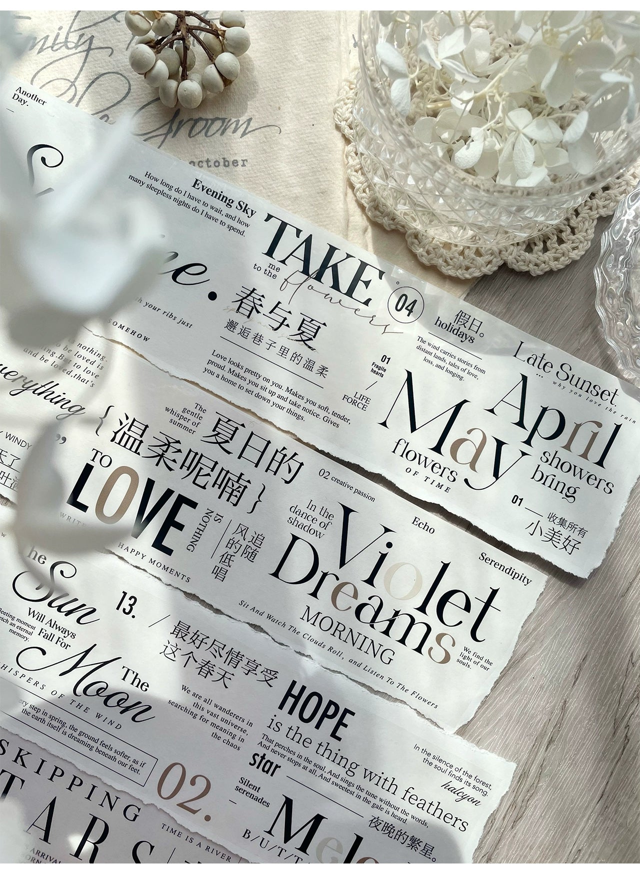 TianCheng-Vol5【Spring and Summer】English Text PET Tape,for Scrapbook Supplies,Scrapbook Tape Stickers,Junk Journal Supplies