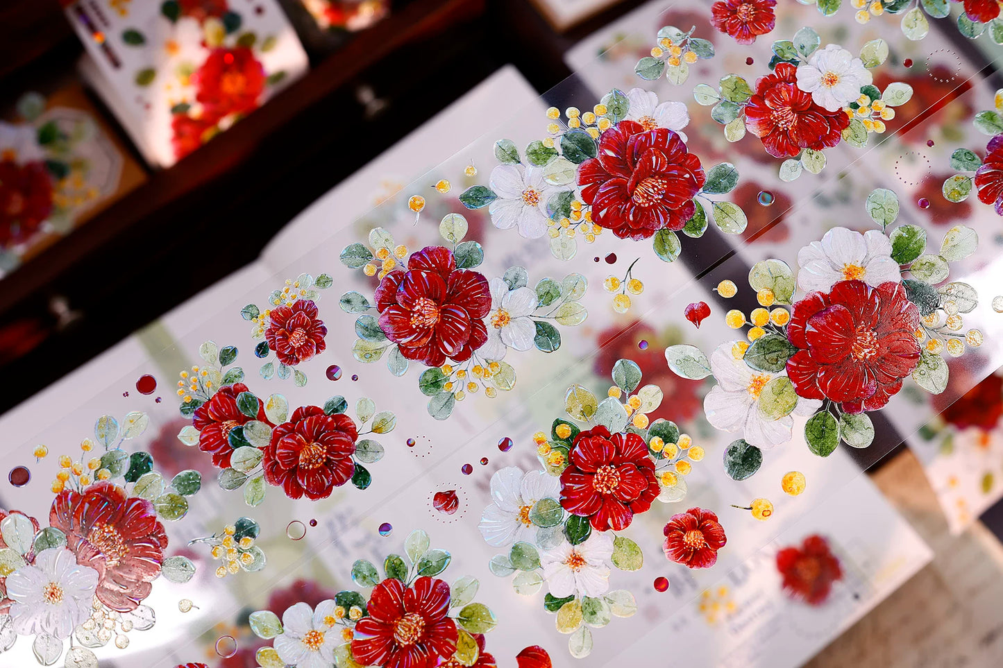 XiaoBaiJia Salt Series【Red Tea for Spring】Pre-cut Orginal Design Red and White Camellia Flowers Washi/Pet Tape Light Retro Stickers