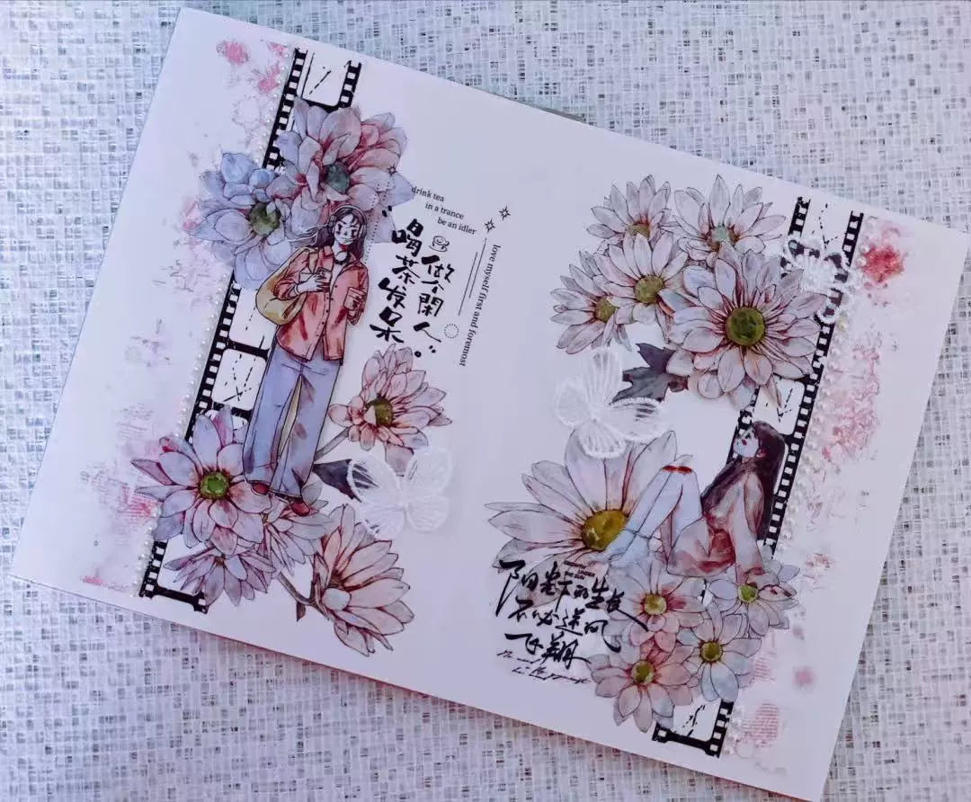 Kaixiaoxun Vol10【Soft Mist Powder】 Pre-Cut Long Loop Flower Background Washi/Matte PET Tape for Scrapbook Supplies,Junk Journal Supplies