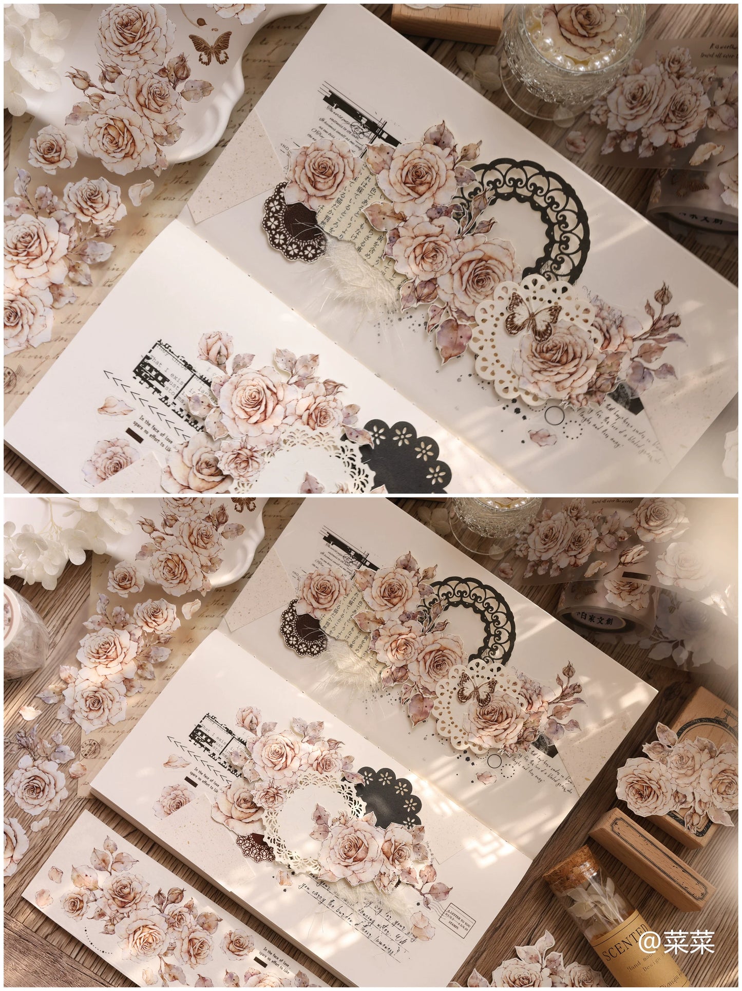 XiaoBaiJia【Gentle Under the Moon】Light Retro Orginal Design Washi Pet Chinese Rose Floral Tape Light Retro Landscaping Stickers