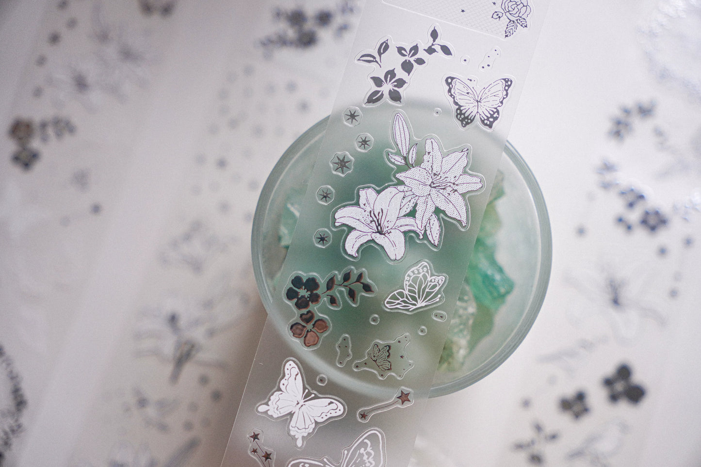Yuanzi-Jennyuanzi【Licht Schatten】Vorgeschnittene Blumen Vogel Schmetterling Stern Kette Heißsilber Washi PET Tape