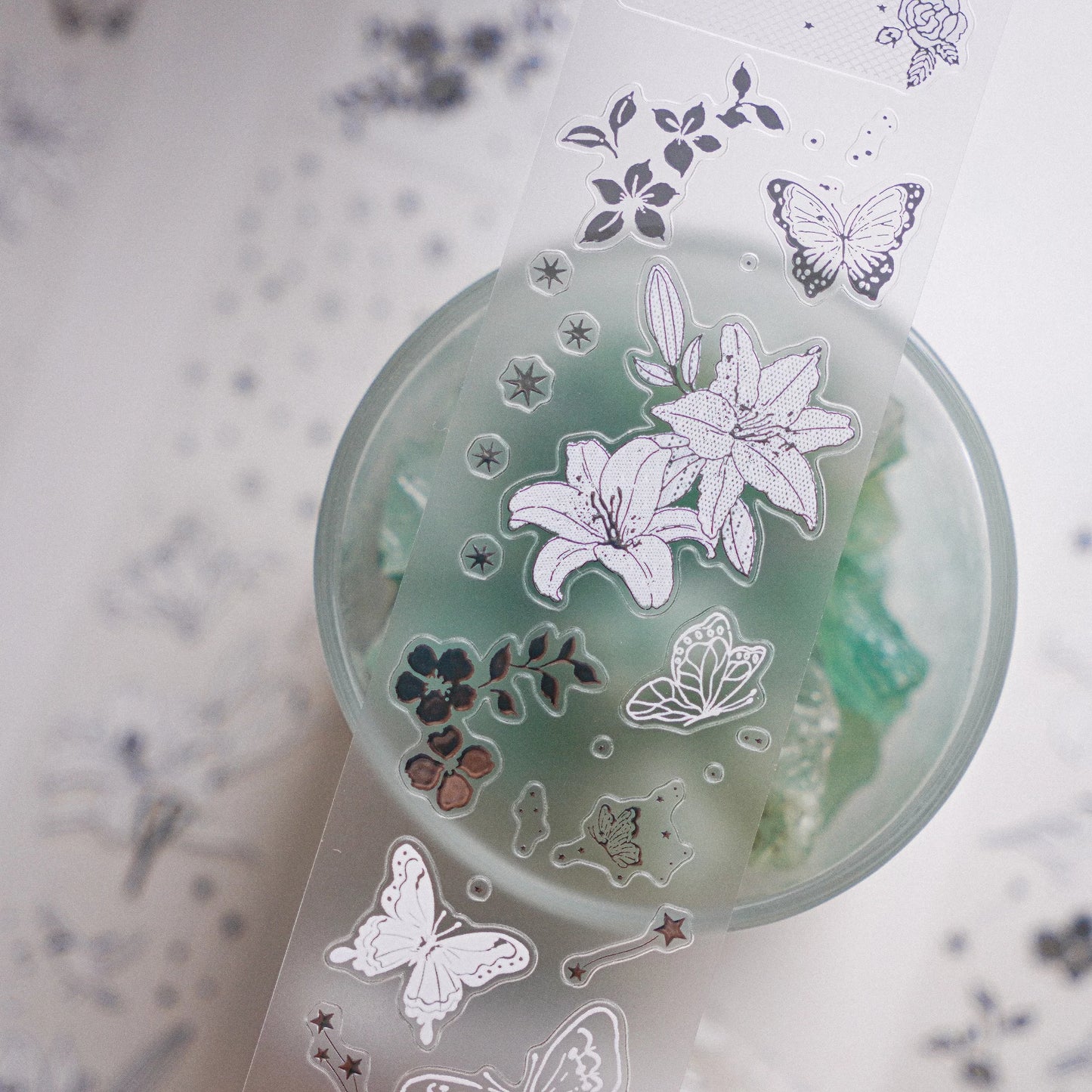 Yuanzi-Jennyuanzi【Licht Schatten】Vorgeschnittene Blumen Vogel Schmetterling Stern Kette Heißsilber Washi PET Tape