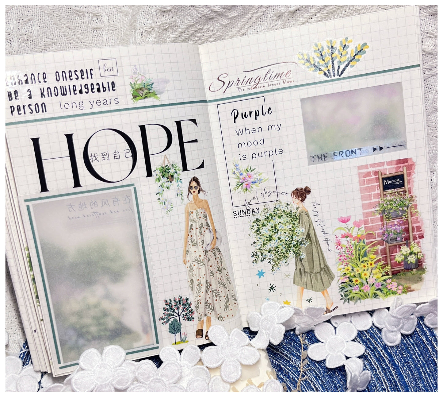 ZiYuanSu【Spring's Colors Fill Garden】Scene/Landscape Pre-cut Washi/PET Tape,for Scrapbook Supplies,Scrapbook Tape Stickers,Junk Journal Supplies