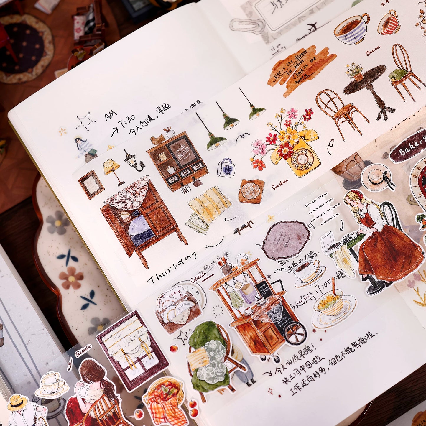 XiaoBaiJia Salt Series【Warm Light and Leisurely Delights】Pre-cut Orginal Design Vintage Scene Washi/Pet Tape Light Retro Stickers