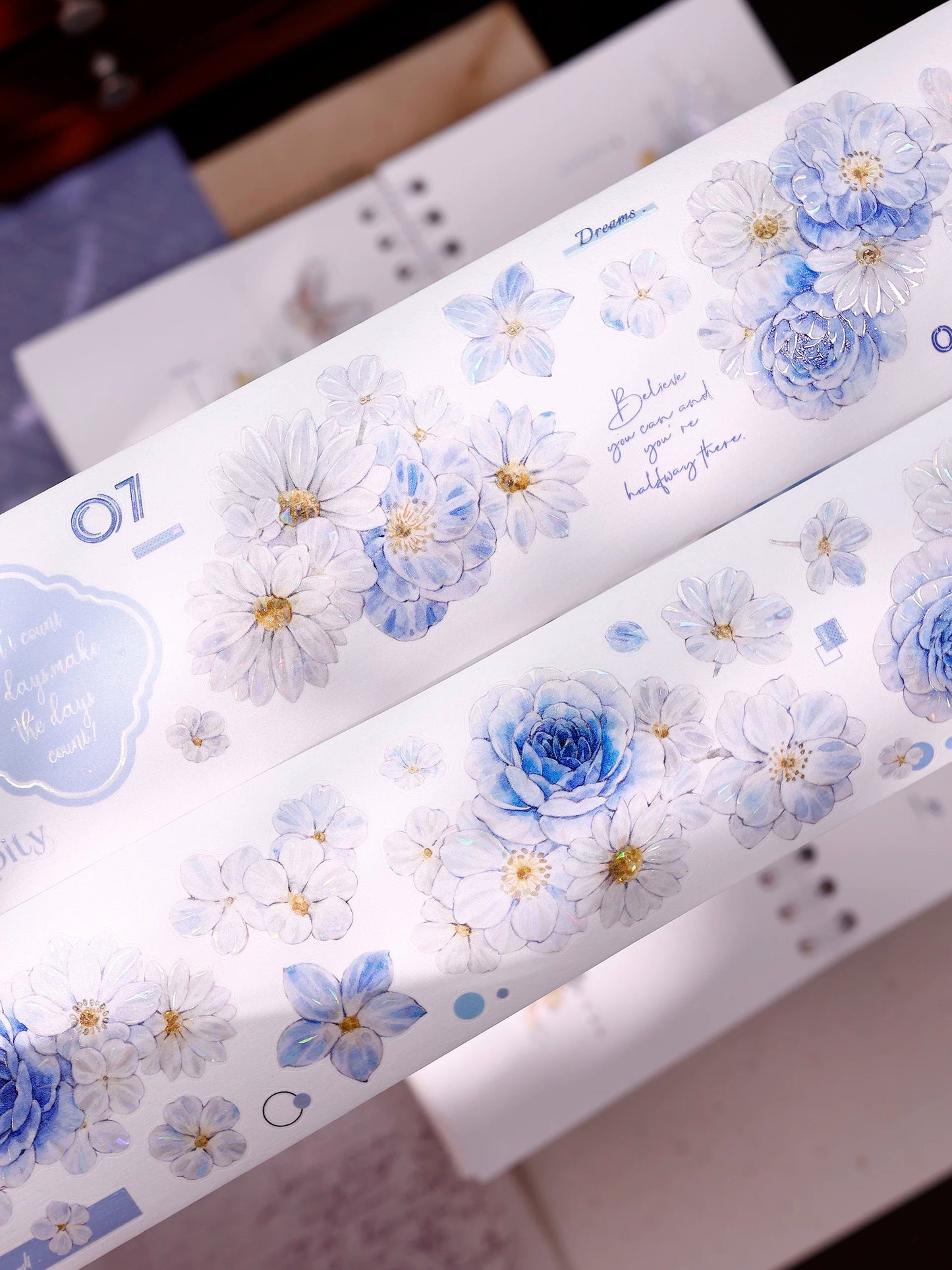 XiaoBaiJia【Light Blue Floral Trace】Orginal Design Floral Washi Pet Tape Light Retro Landscaping Stickers