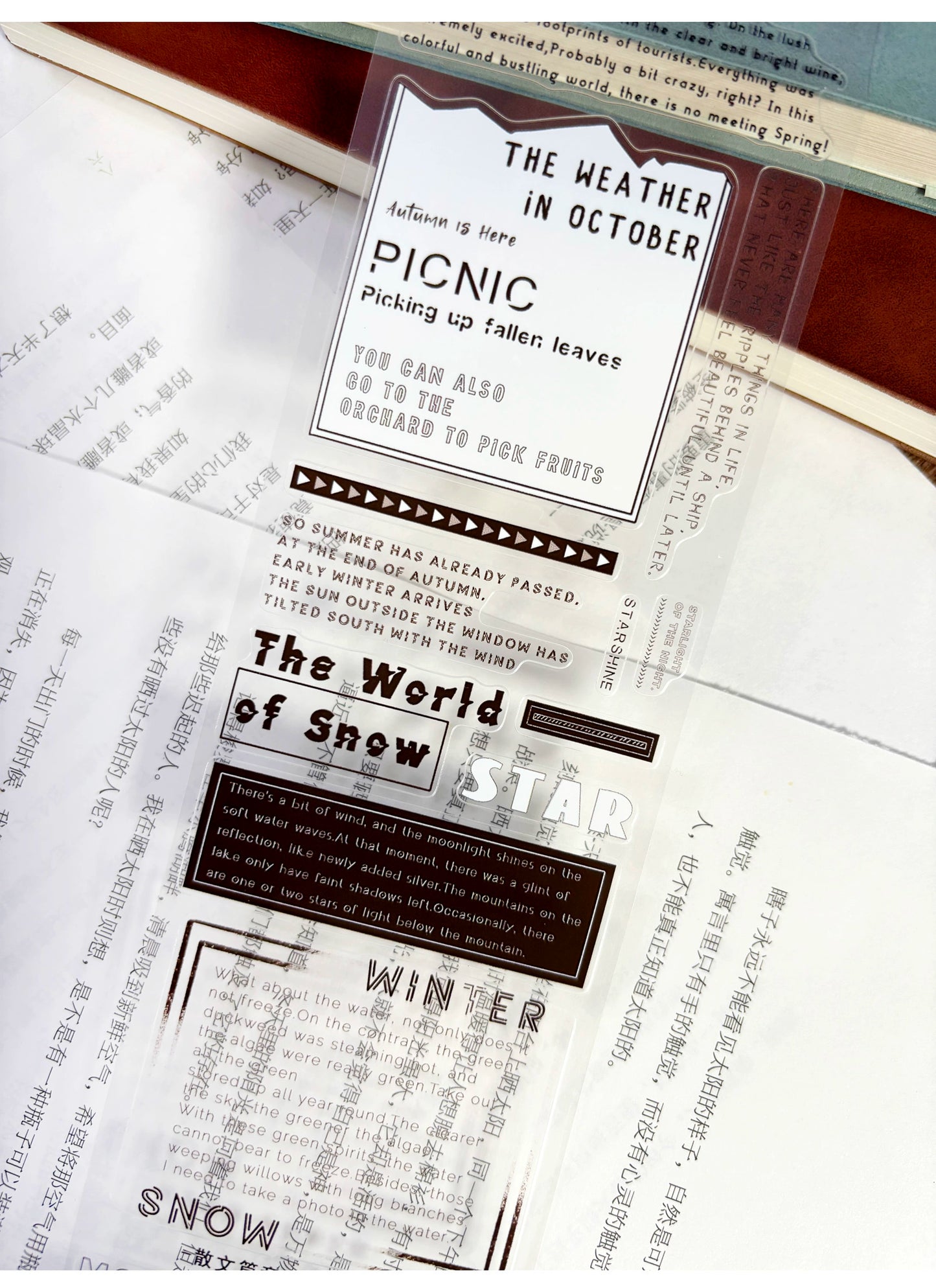 ZiYuanSu【Prose Discourse】English Text Pre-cut Washi/PET Tape,for Scrapbook Supplies,Scrapbook Tape Stickers,Junk Journal Supplies