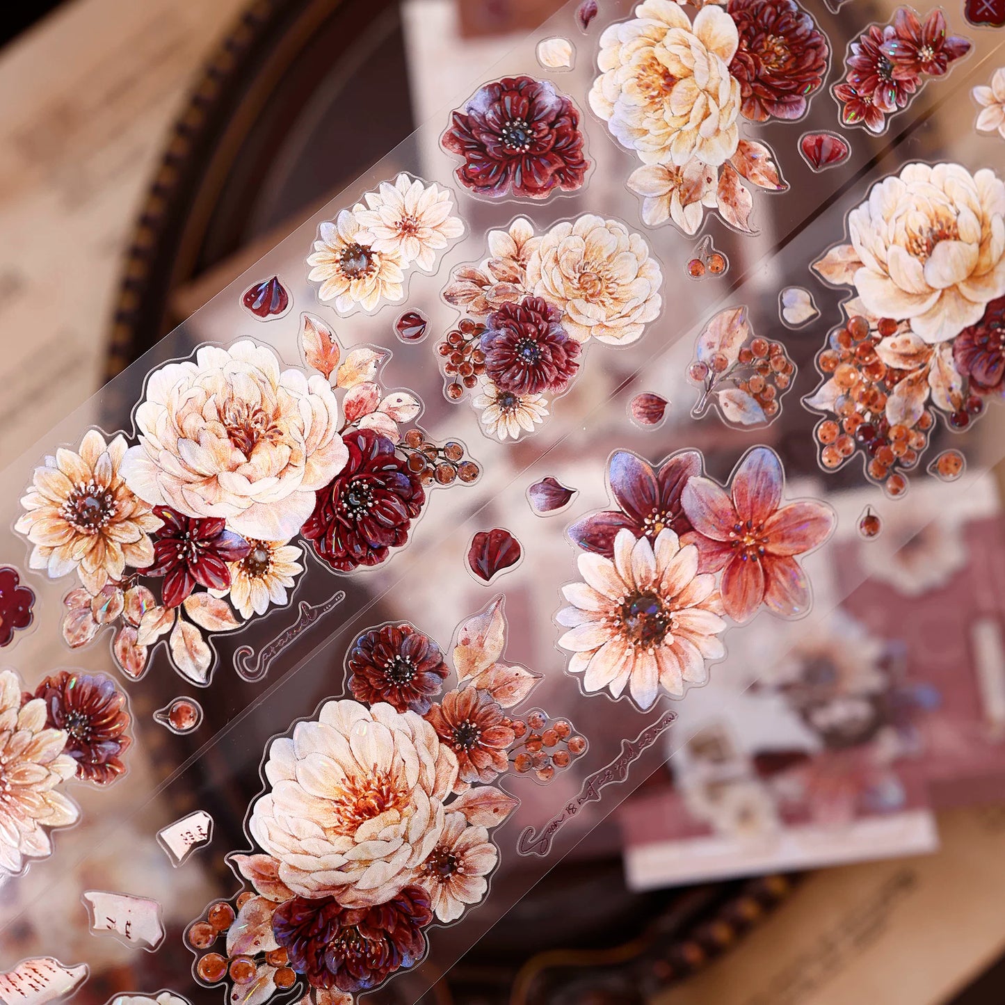 XiaoBaiJia【Peony Shadow Flower Description】Pre-cut Floral Orginal Design Washi Pet Tape Light Retro Stickers