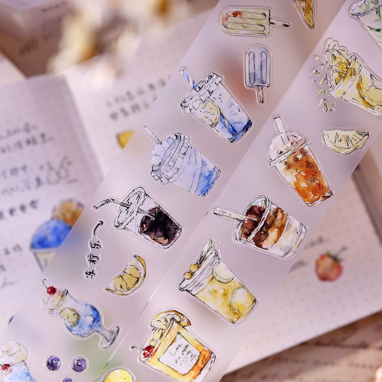 XiaoBaiJia Minimalist Style【Cool Summer】Drink Milk Tea,Pre-cut Light Retro Orginal Design Washi Pet Tape Landscape Stickers